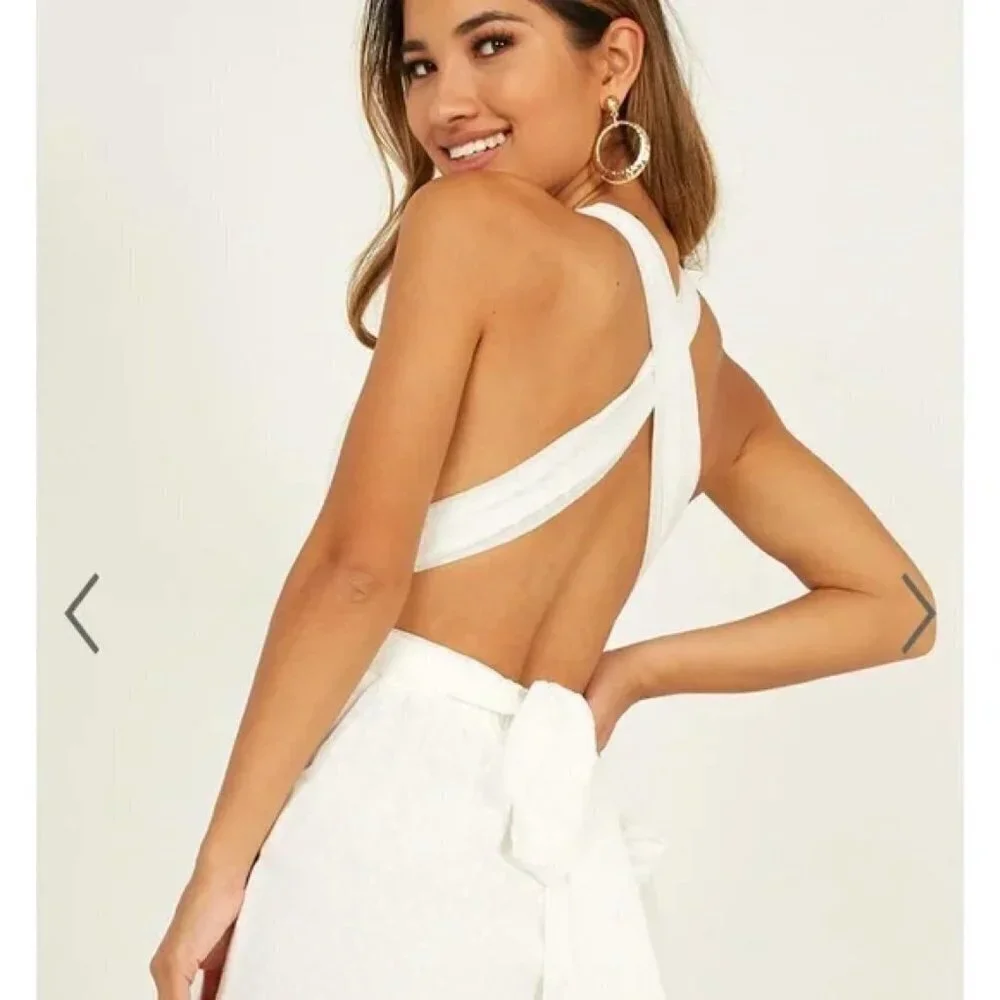 Showpo Size 2 California Sunset White Swiss Dot Criss Cross Back Playsuit